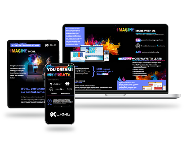 Custom content digitisation brochure showing digital learning content across laptop, tablet and mobile screens